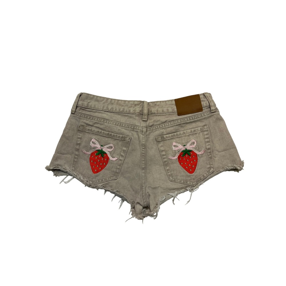 Aeropostale Tan Strawberry Embroidered Low Rise Cut Off Denim Shorty Shorts 0
